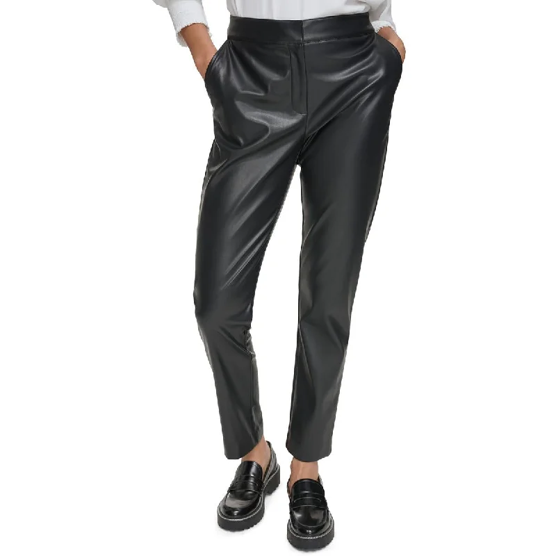 Calvin Klein Womens Petites Solid Faux Leather Ankle Pants