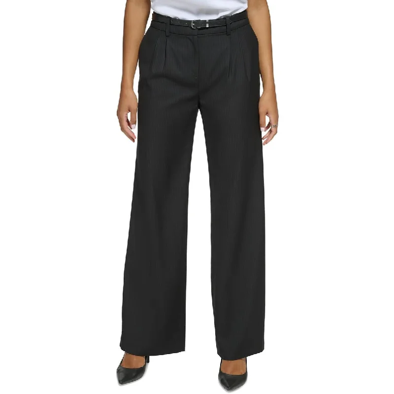 Calvin Klein Womens Pleated Pinstripe Wide Leg Pants