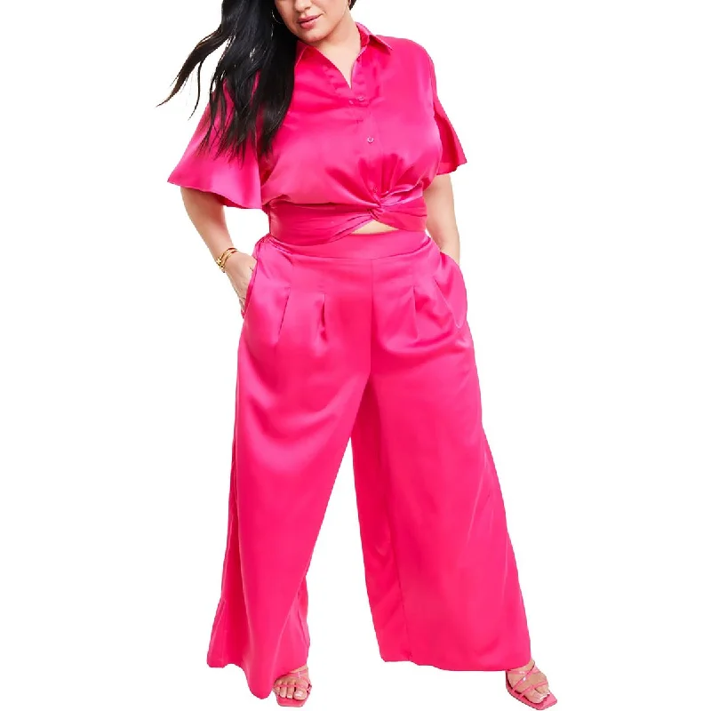 Nina Parker Womens Plus Pleated Satin Wide Leg Pants