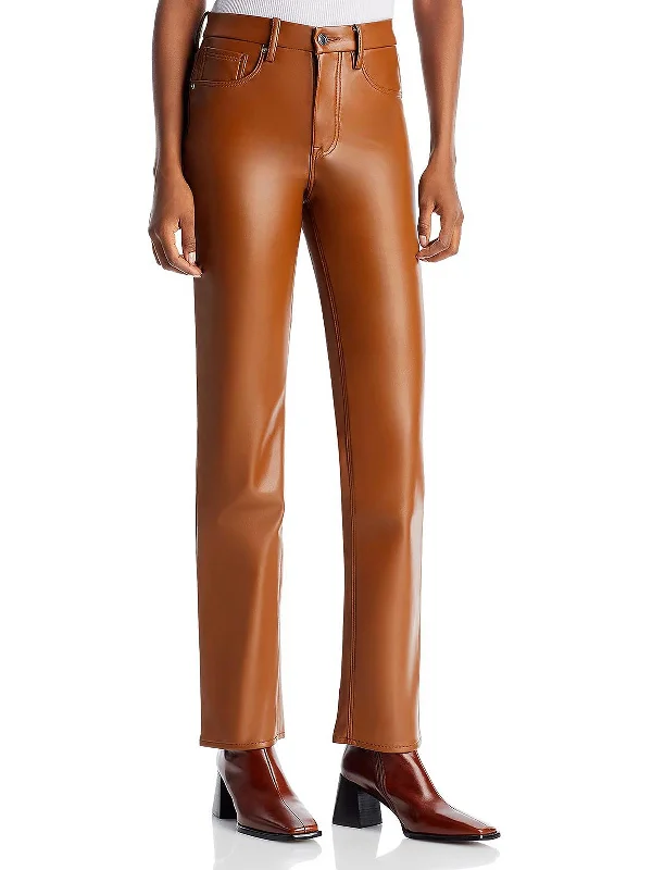 Womens Faux Leather High Rise Straight Leg Pants