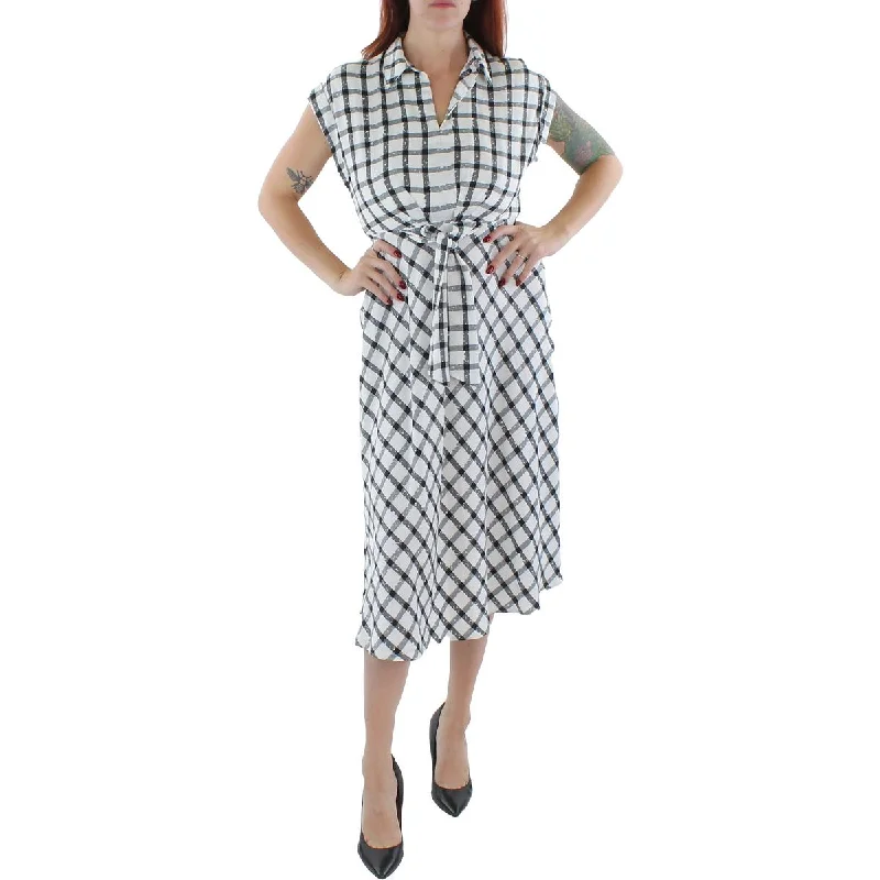 DKNY Womens Crepe Checkered Fit & Flare Dress