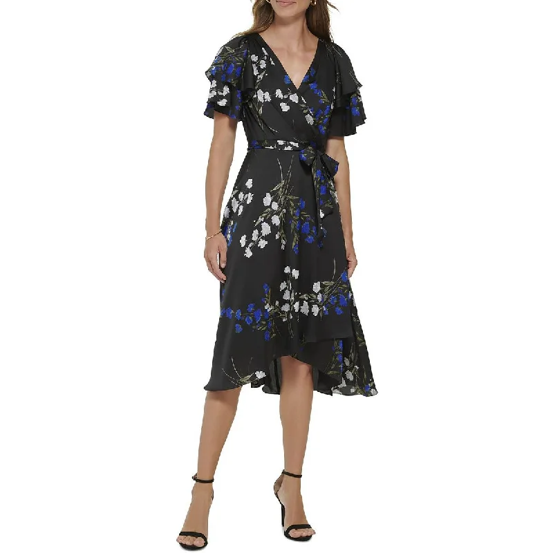 DKNY Womens Petites Floral Surplice Sheath Dress