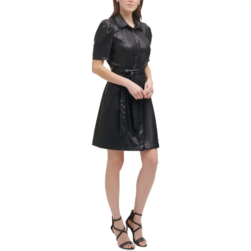 DKNY Womens Petites Faux Leather Shirtdress