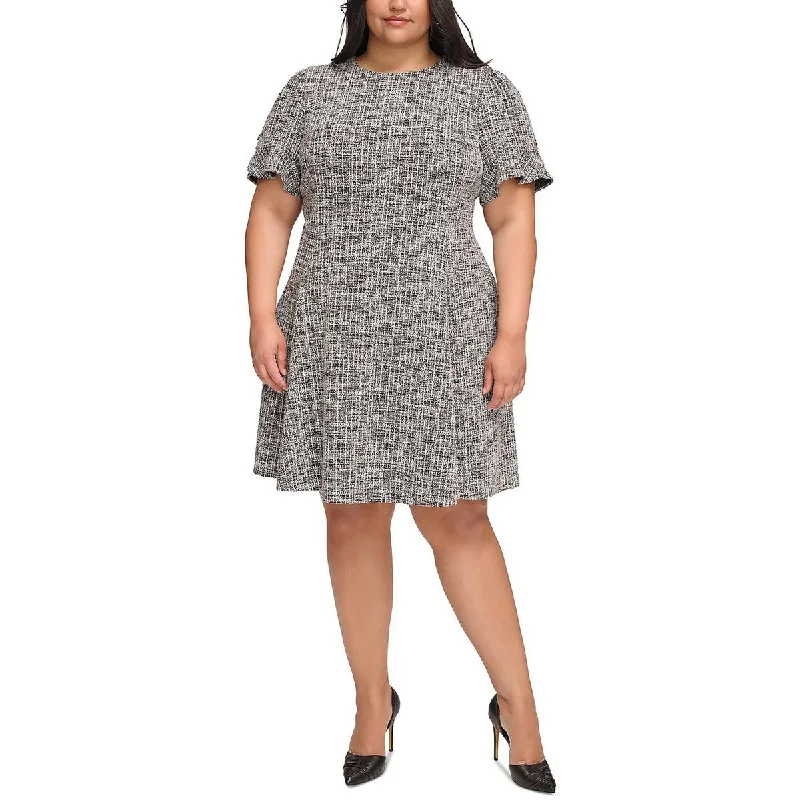 DKNY Womens Plus Knit Flounce Sleeve Fit & Flare Dress