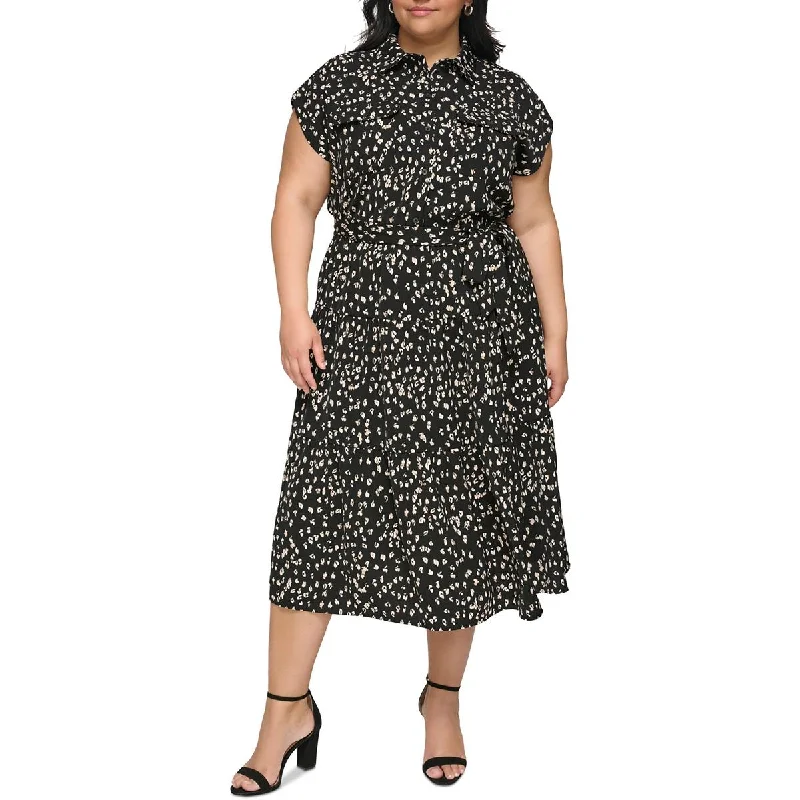 DKNY Womens Plus Sateen Printed Shirtdress