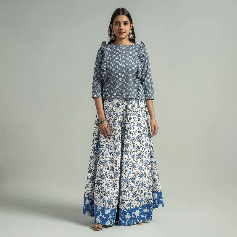 Blue - Sanganeri Block Printed Cotton Long Skirt