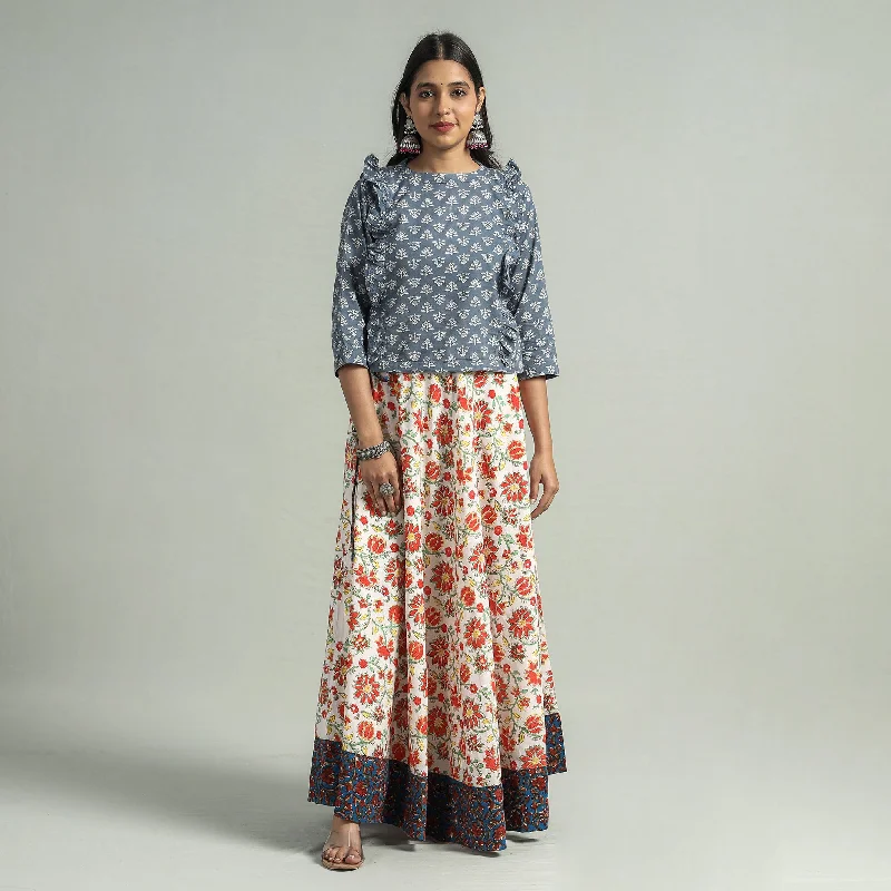 White - Sanganeri Block Printed Cotton Long Skirt